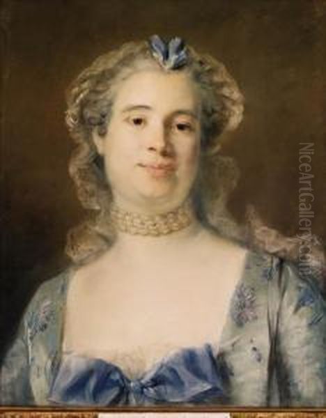 Portrait Of Madame Chevotet, 
Bust-length Wearing A Pale Green Silkdress With A Blue Ribbon, A Laced 
Bonnet And A Pearlednecklace Oil Painting by Jean-Baptiste Perronneau