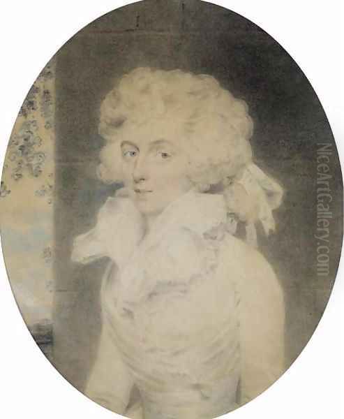 Portrait of Mrs. William, half-length, seated by a pillar Oil Painting by John Downman