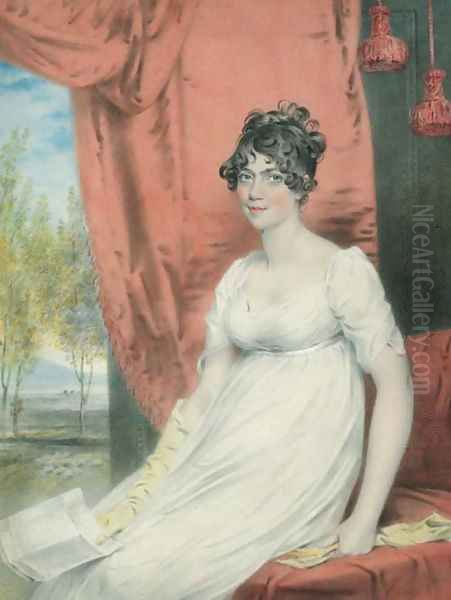 Portrait of (the younger) Miss Stuart of Albemarle Street, seated three-quarter-length, in a white dress with yellow gloves, holding a letter Oil Painting by John Downman