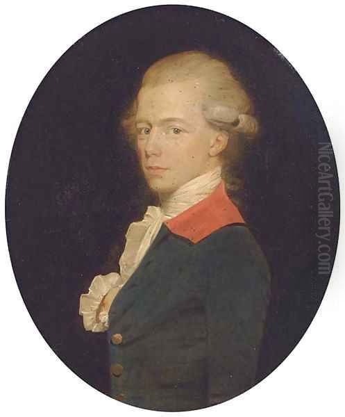 Portrait of a gentleman, small half-length, in a blue coat with red collar Oil Painting by John Downman