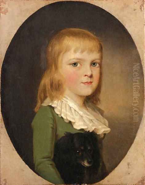 Portrait of Frederick William Hallet Hodges, half-length, in a green coat, with a black spaniel, feigned oval Oil Painting by John Downman