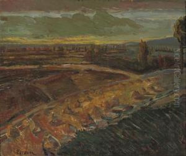 Landscape With Hay Stacks Oil Painting by Henri Person