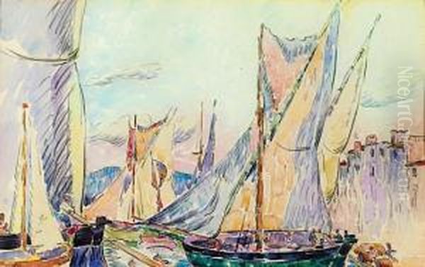 Tartanes Dans Le Port De Saint-tropez, Circa 1912 Oil Painting by Henri Person