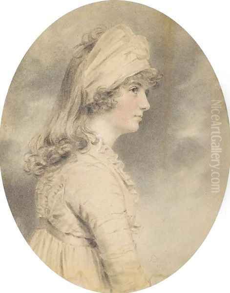 Portrait of Miss Ellis, half-length, in a white dress and headscarf Oil Painting by John Downman