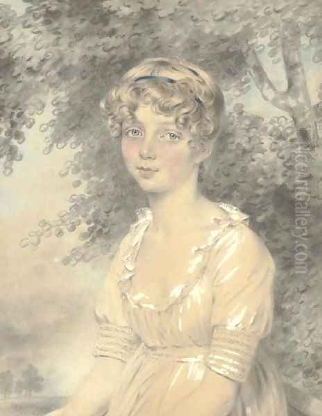 Portrait of the younger Miss Wolff as a child, half-length, seated, her hair tied with a ribbon bandeau, in a landscape beneath a tree Oil Painting by John Downman