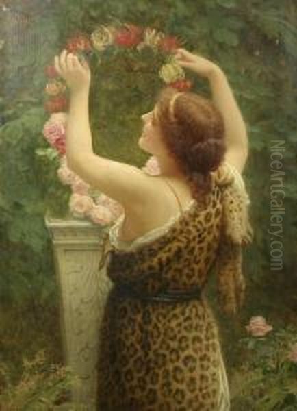 Woman With A Floral Wreath In A Leopard Dress Oil Painting by Charles E. Perugini