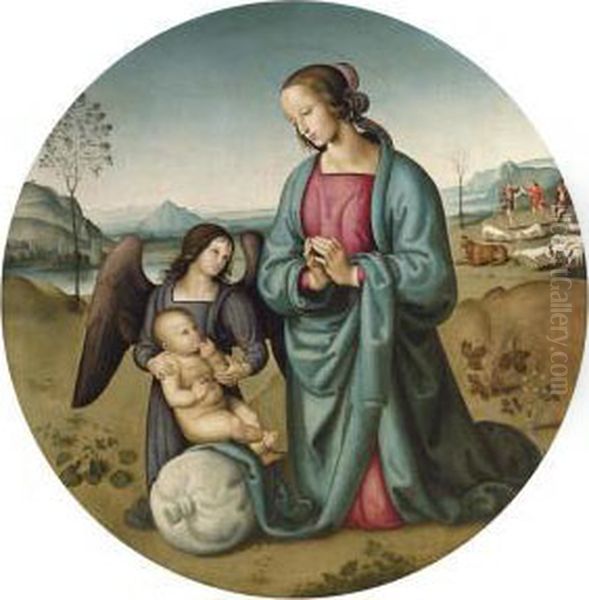 The Madonna And Child With An Angel In A Landscape Oil Painting by Pietro Perugino