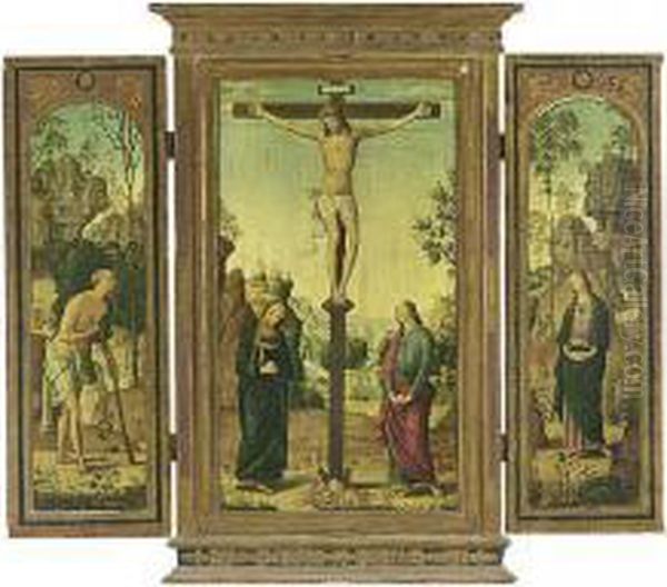 A Reproduction Of A Triptych: 
The Crucifixion With Saint Mary, Saint John, Saint Jerome And Magdalen Oil Painting by Pietro Perugino