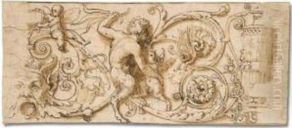 Design For A Frieze: A Satyr 
Protecting An Infant Satyr From A Monster, Amid Acanthus Leaves Oil Painting by Baldassare Peruzzi