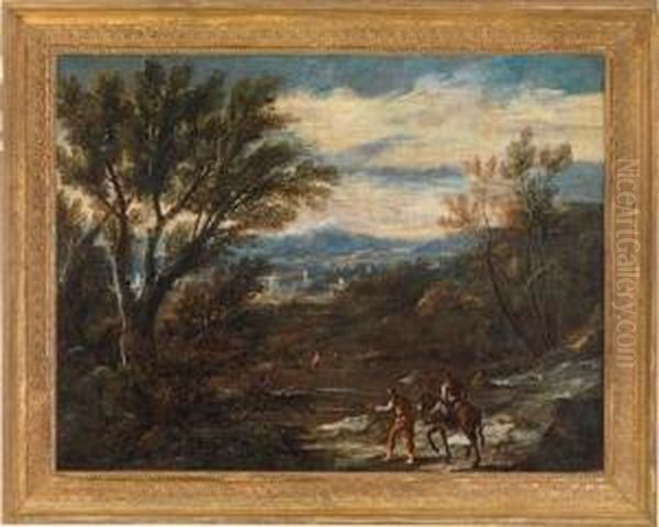 Eine Wildelandschaft Mit Einer Stadt Im Hintergrund Oil Painting by Antonio Francesco Peruzzini