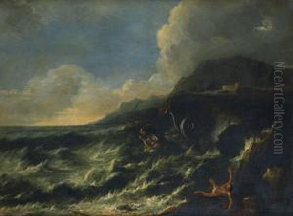 Paysage De Mer Avec Jonas Et La Baleine - Paysage De Mer Avec Lechrist Et Un Apotre Oil Painting by Antonio Francesco Peruzzini