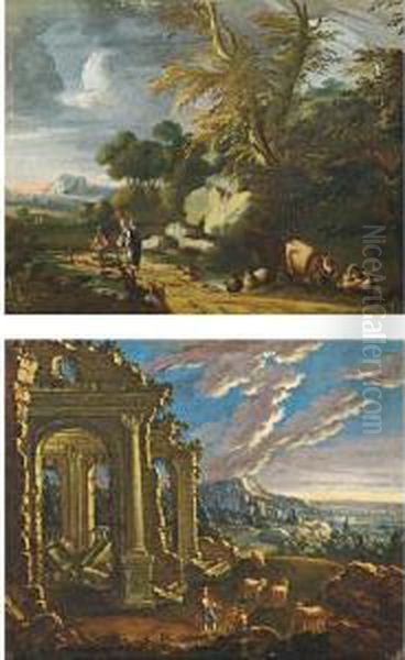 A) Paesaggio Con Pastori Ed Armenti Oil Painting by Antonio Francesco Peruzzini