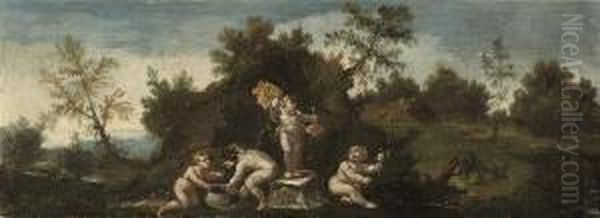 A Wooded Landscape With Putti Disporting; And A Wooded Landscapewith An Infant Bacchanal Oil Painting by Antonio Francesco Peruzzini