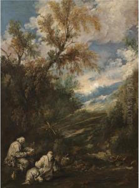 A Wooded Landscape With Saints Anthony The Great And Paul The Hermit Oil Painting by Antonio Francesco Peruzzini