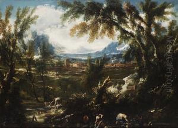 Paesaggio Con Lavandaie Oil Painting by Antonio Francesco Peruzzini