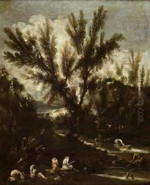 Paesaggio Fluviale Frati E Viandanti Oil Painting by Antonio Francesco Peruzzini