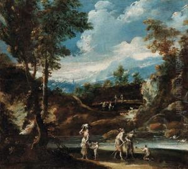 Paesaggio Montano Con Fiume E Viandanti Oil Painting by Antonio Francesco Peruzzini