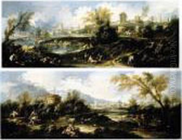 A Capriccio Landscape With A 
Tower, Pilgrims And Other Figures, A Town Beyond; A Capriccio River 
Landscape, Figures In The Foreground, And A Town With An Arch Beyond Oil Painting by Antonio Francesco Peruzzini