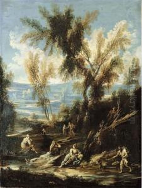 A Wooded River Landscape With Washerwomen And Other Figures Oil Painting by Antonio Francesco Peruzzini