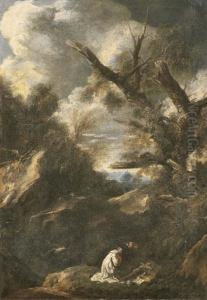 A Wooded Landscape With A Capuchin Friar Adoring The Cross Oil Painting by Antonio Francesco Peruzzini