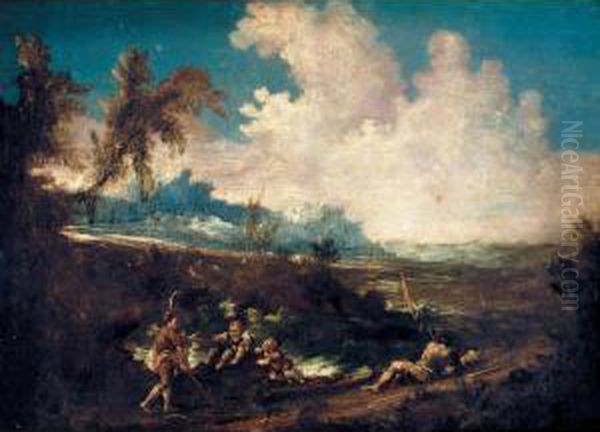 A River Landscape With Four Figures Resting Beside A Road Oil Painting by Antonio Francesco Peruzzini