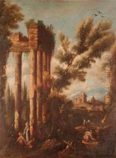 Paesaggio Di Fantasia Con Rovine E Figure Oil Painting by Antonio Francesco Peruzzini