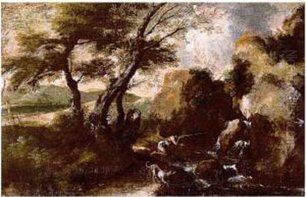 A Rocky Landscape With A Hunter And His Dog By A Waterfall Oil Painting by Antonio Francesco Peruzzini