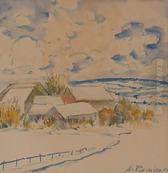 Winter Landscape With Buildings. Oil Painting by Anton Emanuel Peschka