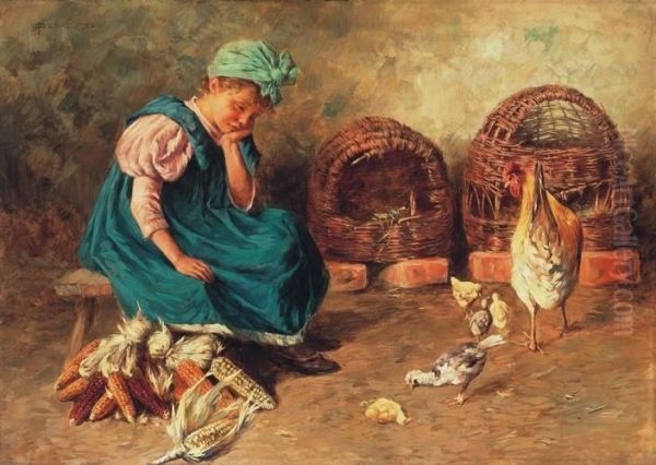 Girl With Chicks Oil Painting by Geza Peske