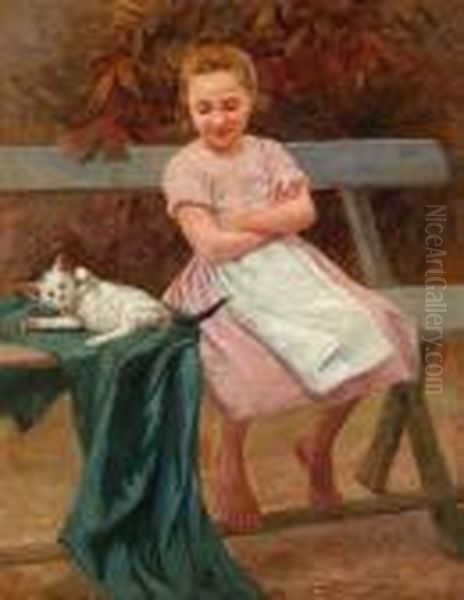 Girl With Cat Oil Painting by Geza Peske