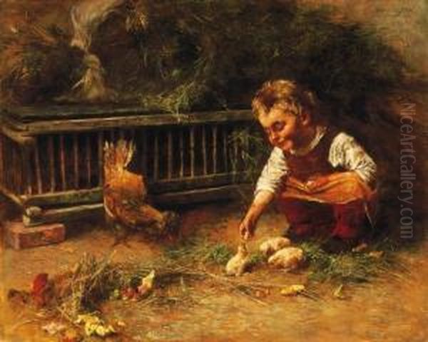 Girl, Playing With Chicken Oil Painting by Geza Peske