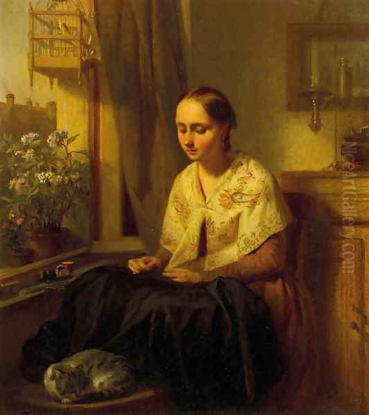 A girl doing needlework Oil Painting by Josephus Laurentius Dyckmans