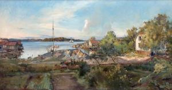 Motiv Fran Vaxholm, Norrhamnen Oil Painting by Axel Peter