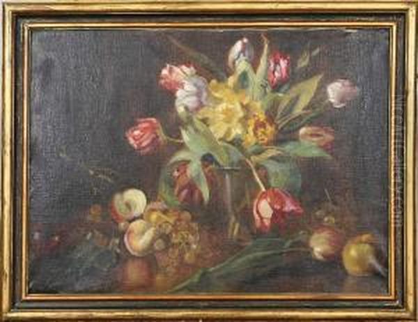 Stilleben Med Blommor Och Frukter, Signerad Ax Peter Oil Painting by Axel Peter