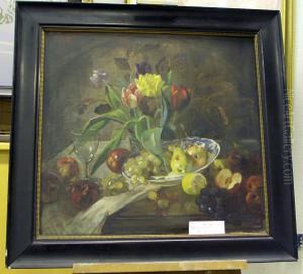 Stilleben Med Frukt Och Blommor. Oil Painting by Axel Peter