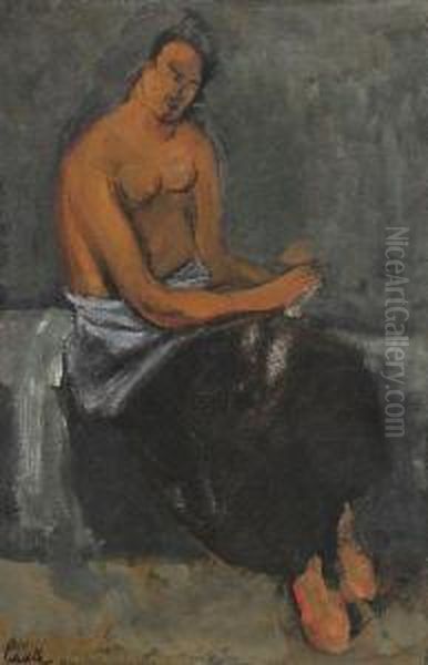 Femme Denudee Assise Oil Painting by Adolphe Peterelle