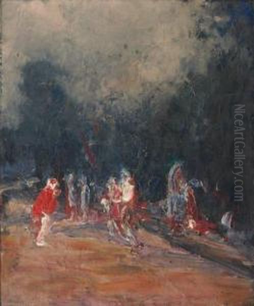 Personnages En Sous Bois Oil Painting by Adolphe Peterelle