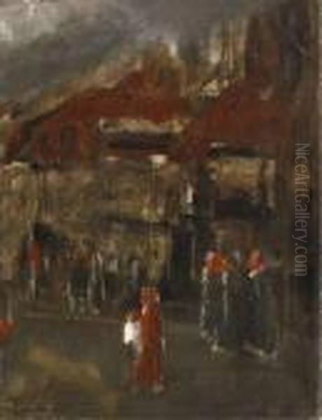 Personnages Dans La Rue Oil Painting by Adolphe Peterelle