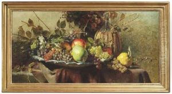 Still Life With Grapes, Apples, Pears, Flowers And A Wickerbottle Oil Painting by Anna Peters