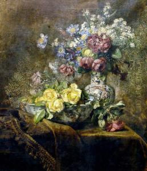 German Still Life Of Flowers On A
 Tapestry Covered Table Oil On Canvas Signed 94 X 81 Cms Illustrated Oil Painting by Anna Peters