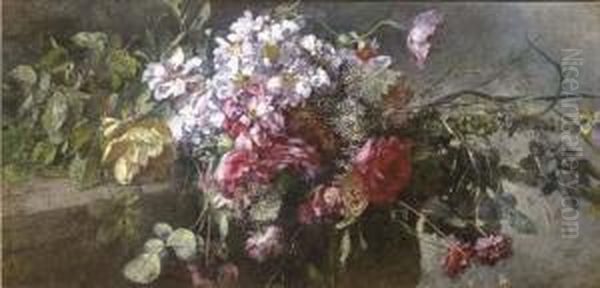 A Bouquet Of Pink And Red Roses On A Ledge Oil Painting by Anna Peters