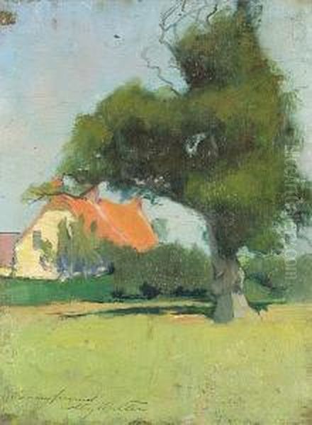 A Sheltering Tree With An Orange-roofed Cottage Beyond Oil Painting by Charles Rollo Peters