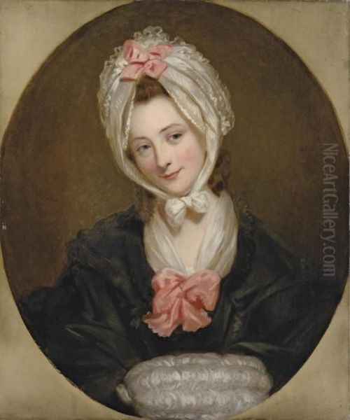 Portrait Of A Lady, Possibly The
 Artist's Wife, Bust-length, In Ablack Dress With A Pink Bow And A Lace 
Cap And Muff Oil Painting by Matthew William Peters