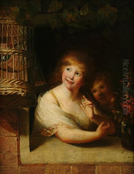 Ra Twochildren With A Jay In A Cage Oil Painting by Matthew William Peters