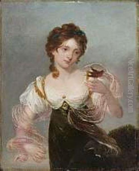 Portrait Of A Lady In A Landscape Holding A Tethered Robin Oil Painting by Matthew William Peters