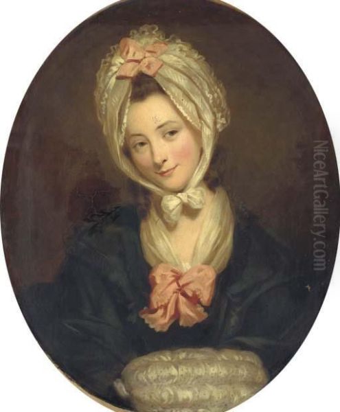 Portrait Of A Lady, Half-length,
 In A Black Dress With Pink Bow And A Lace Cap And Muff, Feigned Oval Oil Painting by Matthew William Peters