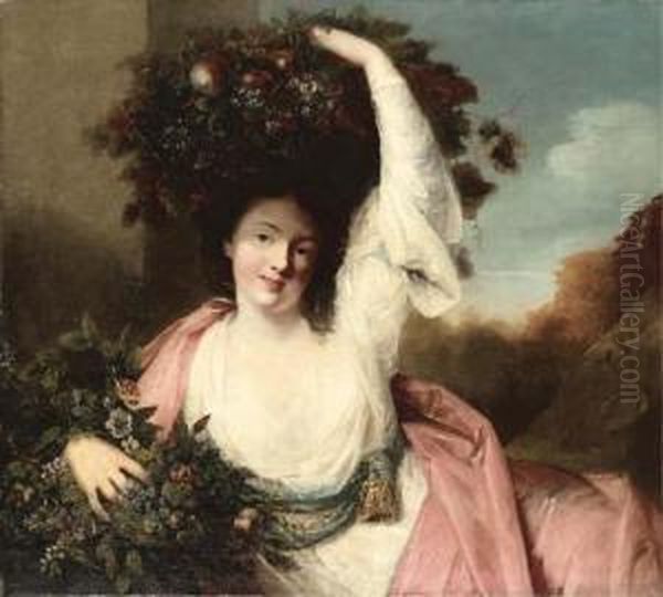 A Young Lady In A White And Pink Dress Carrying Flowers And Fruit Oil Painting by Matthew William Peters