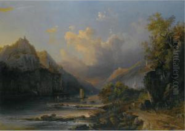 View Of The Rhein At Bingen Oil Painting by Pieter Francis Peters