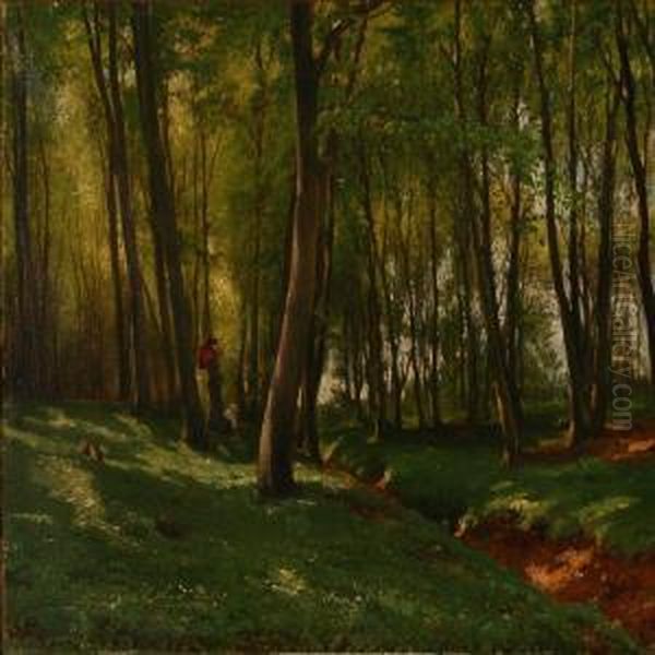 Mother And Daughter Walking In The Forest Oil Painting by Edvard Frederik Petersen