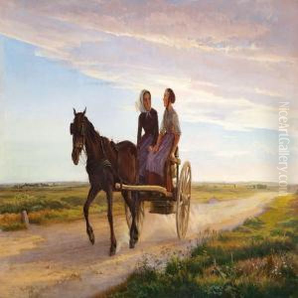 Two Milkmaids In Ahorse-drawn Carriage At Sunset Oil Painting by Edvard Frederik Petersen